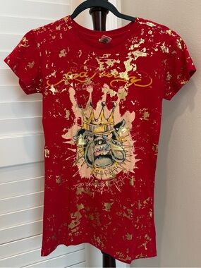 Ed Hardy Red Graphic Bulldog Crown Tee with Gold Accents